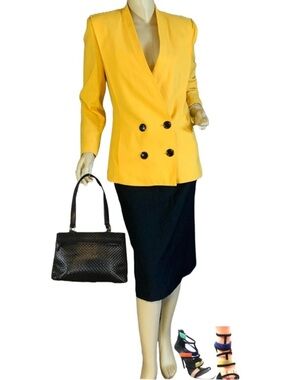 VINTAGE 1980'S DAVID BENJAMIN YELLOW & BLACK SKIRT SUIT (7/S)